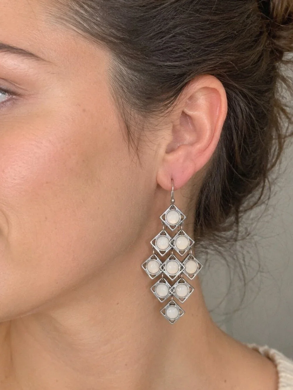 Silver Tone Geometric Chandelier Statement Earrings Blush Pink Stones